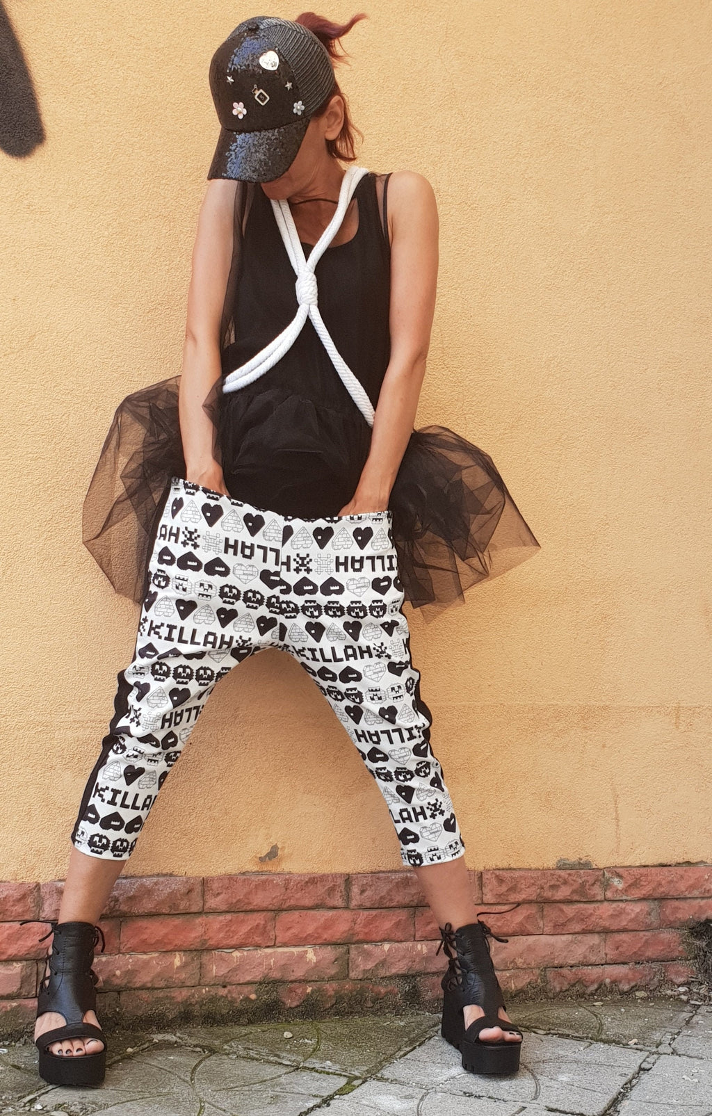 White Graphic Print Pants, Black Side Panels, Cropped Leg