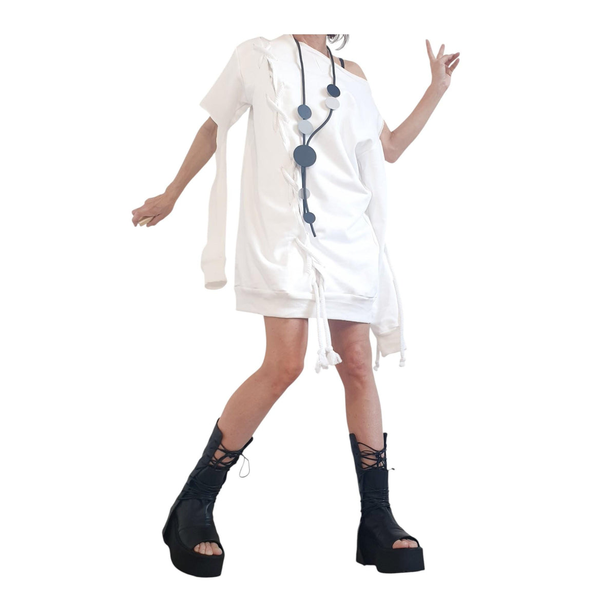 White Plus Size Dress, Bubble Blouson, Asymmetric Loose Cotton Tunic