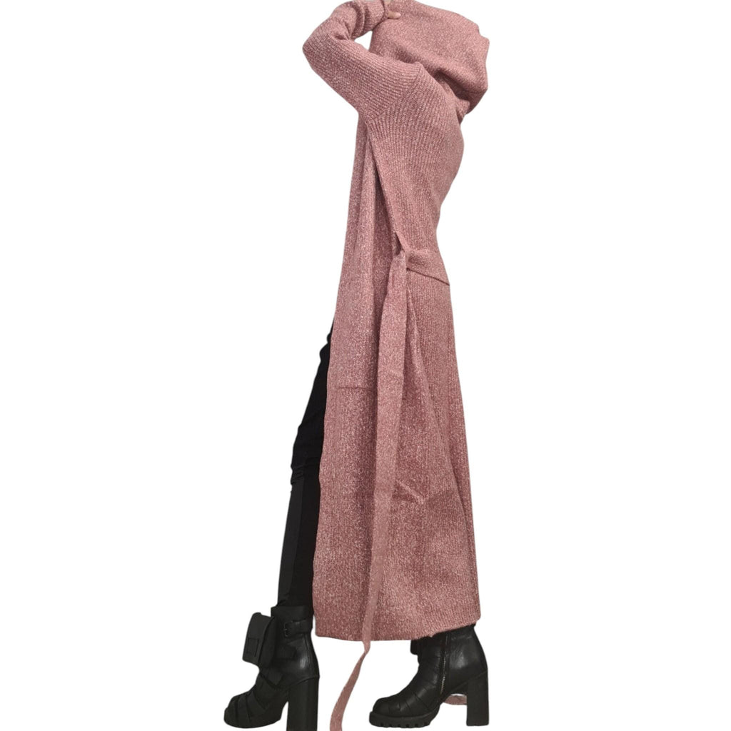 Dusty Rose Mohair Hooded Maxi Cardigan, Oversized Knit Sweater, Long Coat