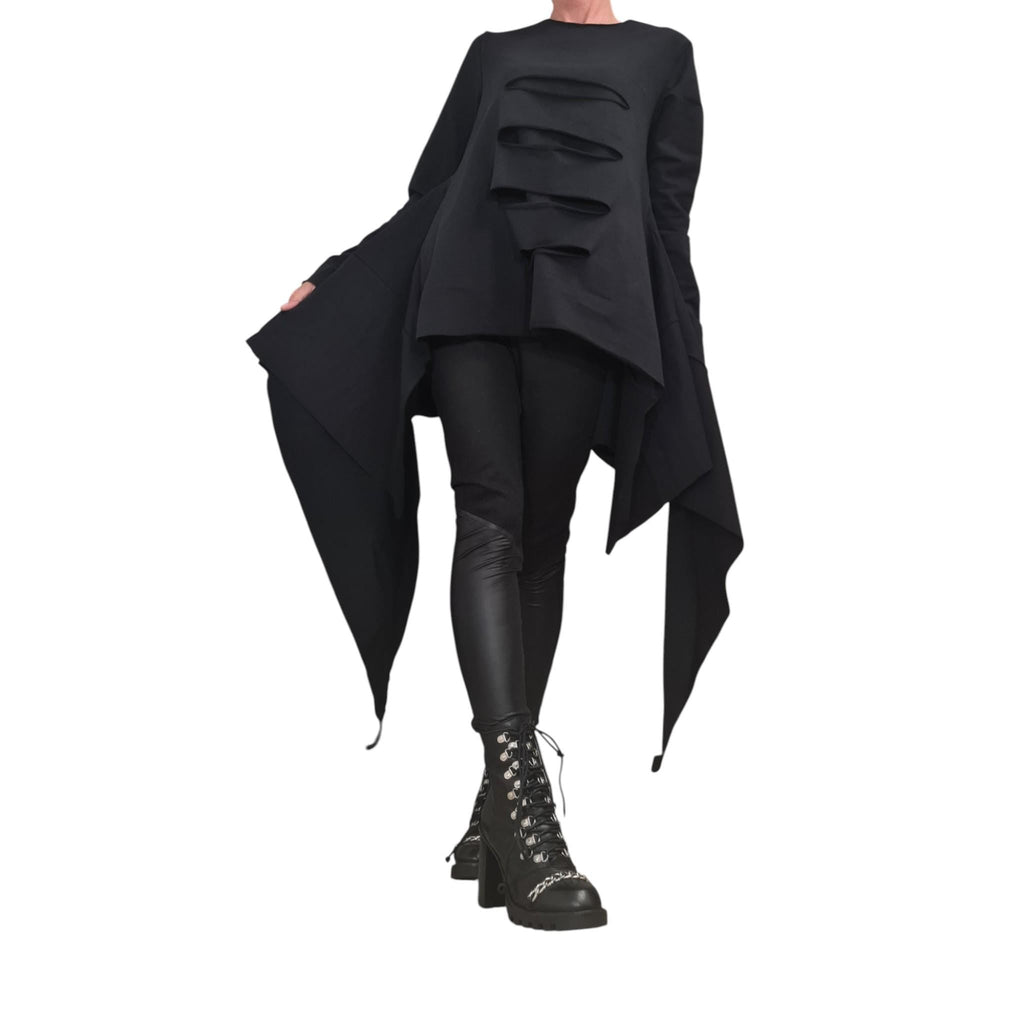 Black Asymmetrical Cotton Tunic, Handmade Long Sleeve Tunic Top, Artistic Avant-Garde Women's Fashion, Unique Modern Design