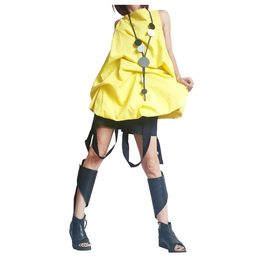 Yellow Linen Tunic, Sleeveless Asymmetric Top, Open Back Loose Fit, Oversized