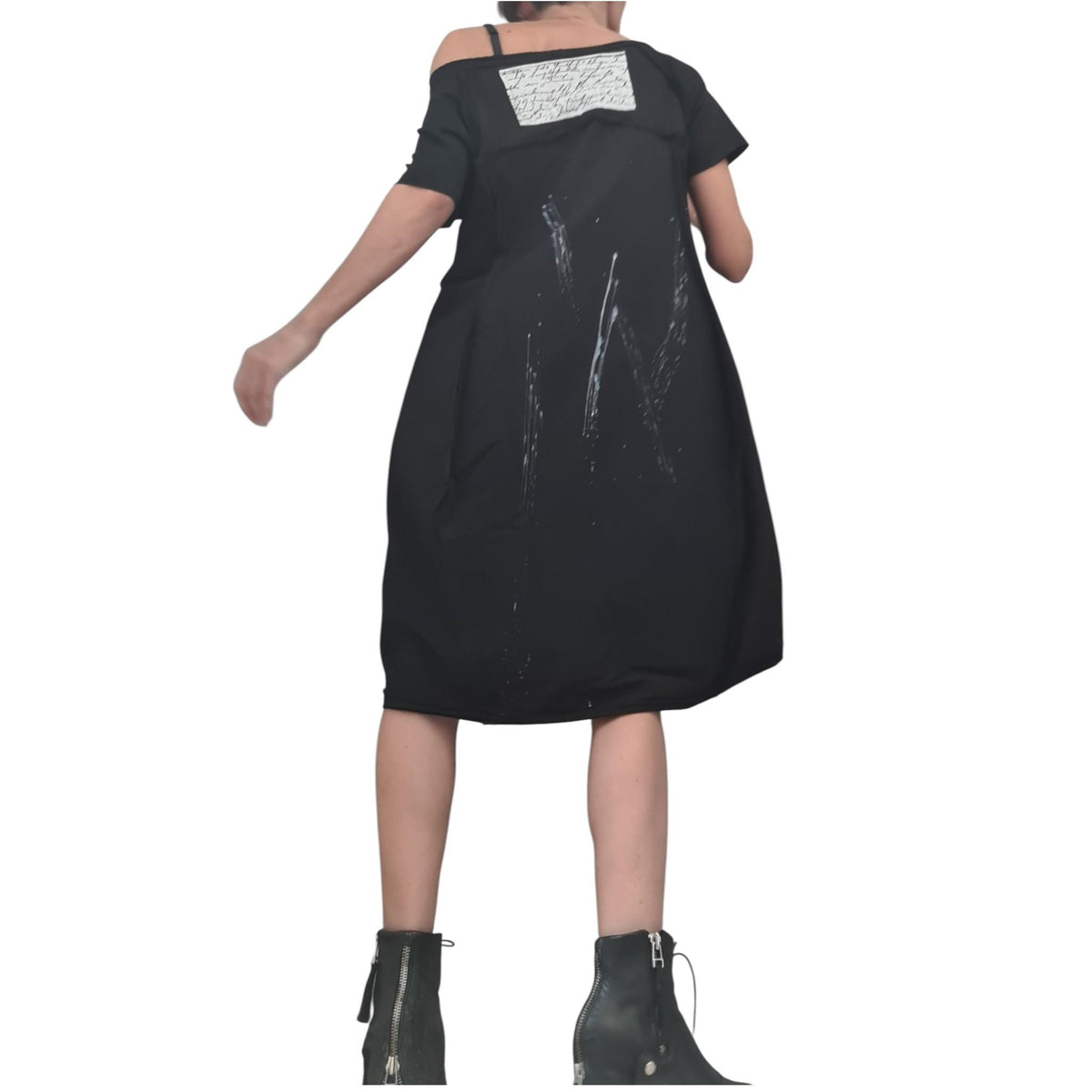 Black French Terry Short Sleeve Dress, One Shoulder Asymmetric Gothic Tunic, Oversized Fit