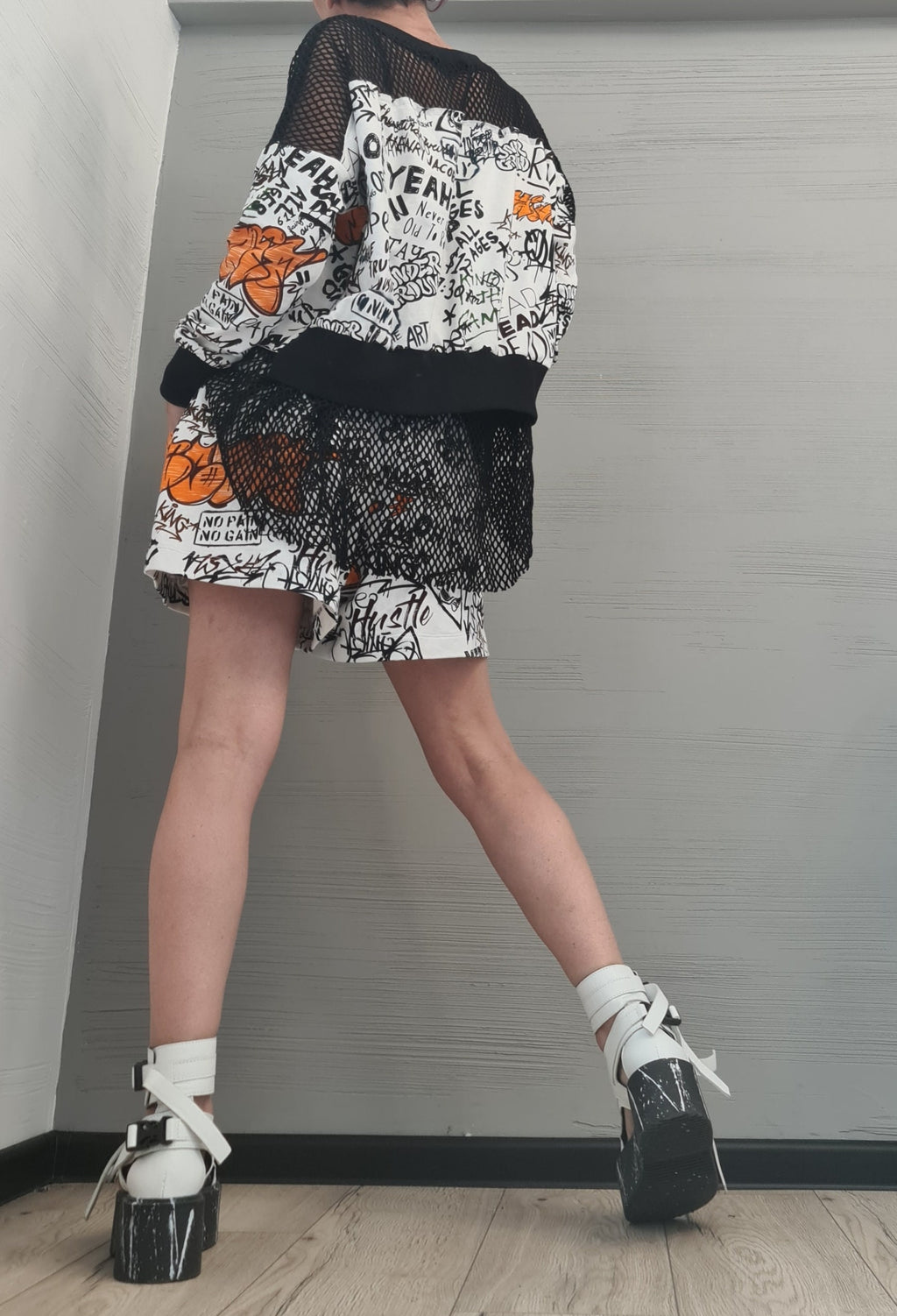Graffiti Print Cotton Shorts, Oversized Asymmetrical Blouse, Mesh Layer, Orange Accents, Two-Piece Co-Ord Set