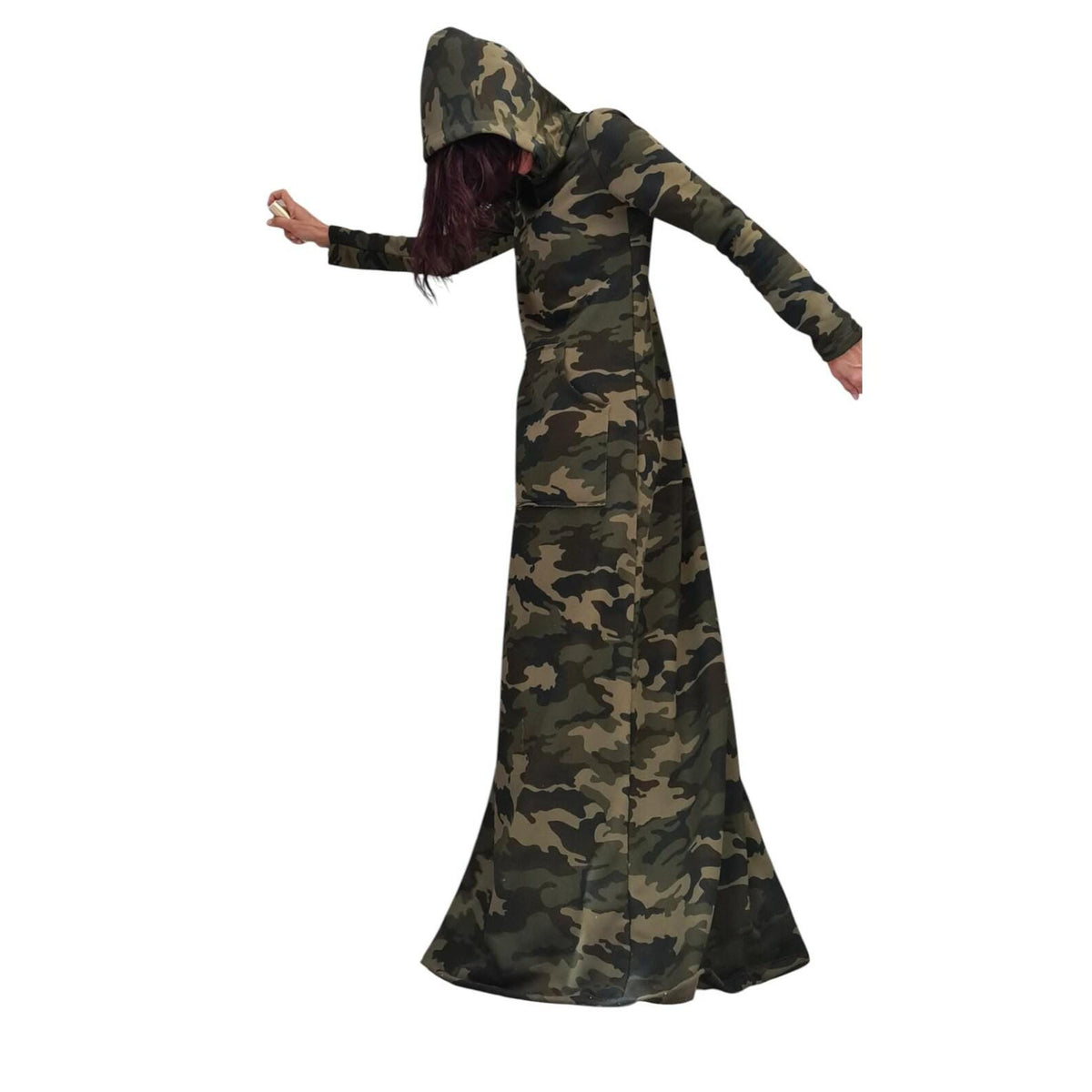 Plus Size Hooded Cotton Dress, Black, Long Sleeve (XS-5XL)