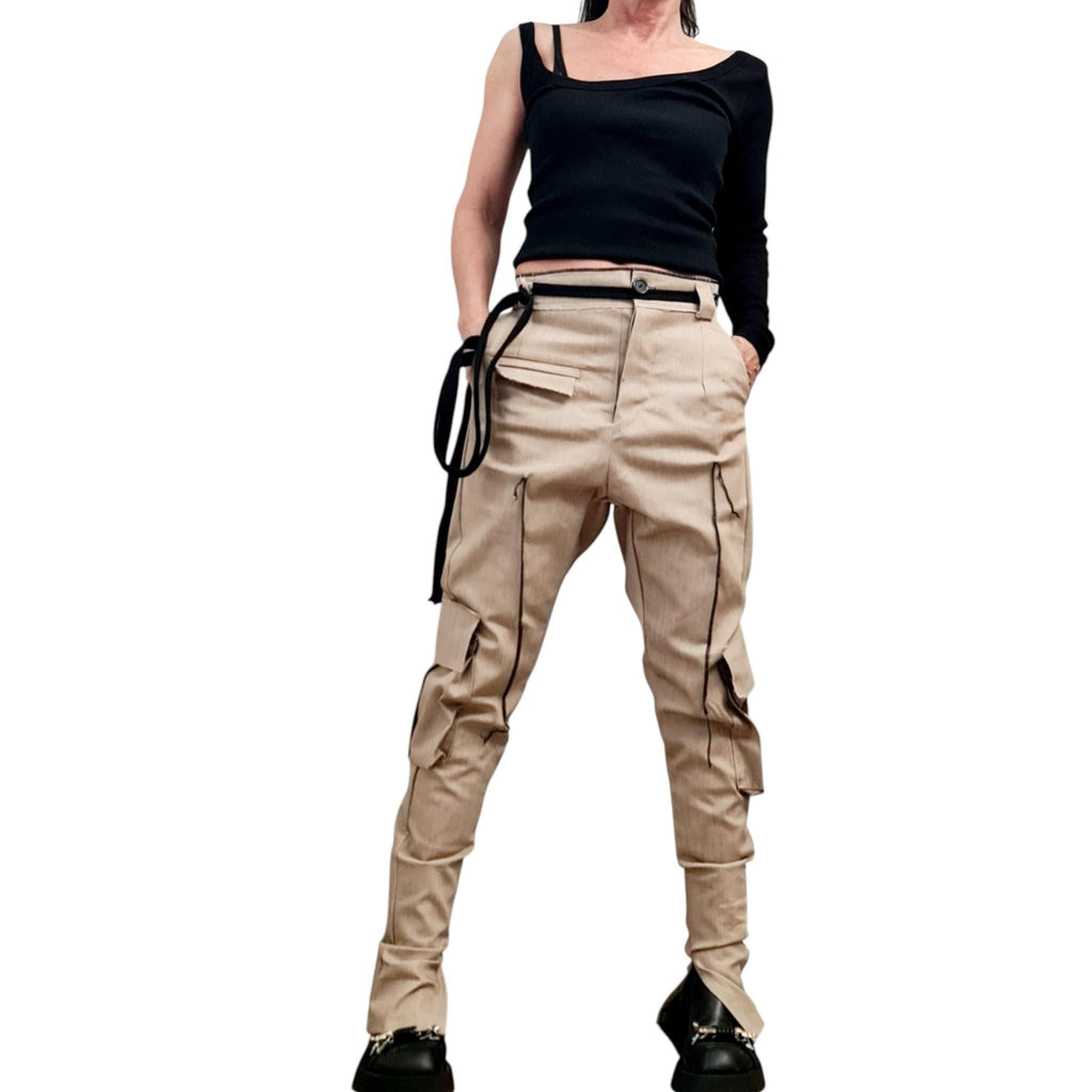 Extravagant Cargo Denim Pants, Fitted Casual Pants, Outer pockets