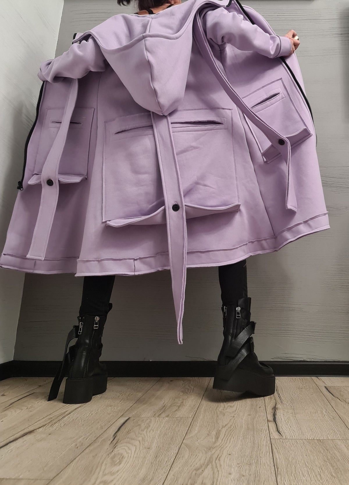 Lavender Oversized Hooded Cotton Coat, Plus Size Long Sweatshirt Jacket, Large Cargo Pockets