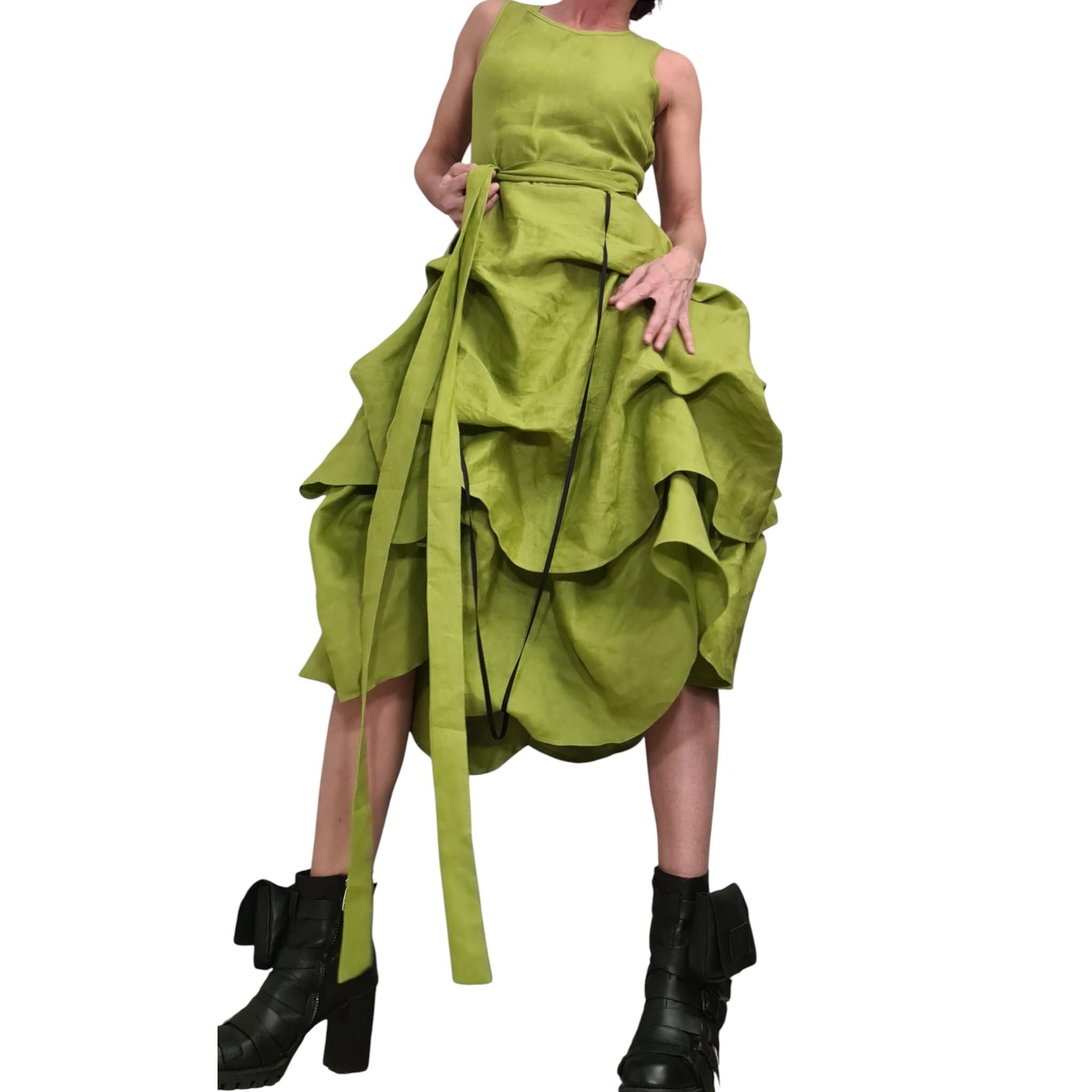 Lime Linen Asymmetric Dress for Women, Sleeveless Layered Midi Dress, Adjustable Avant garde Skirt
