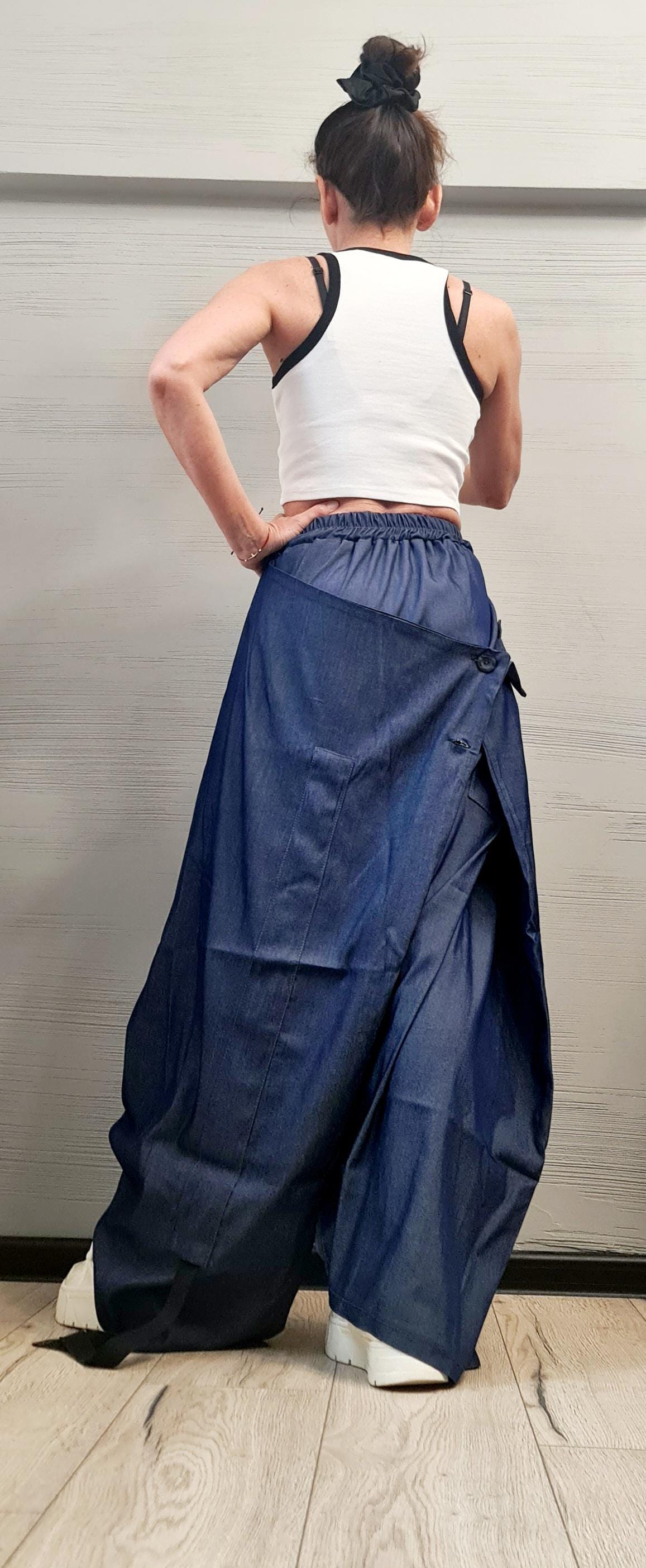 Convertible Wide Leg Denim Pants, Asymmetric Skirt Harem Trousers, Avant-Garde Cloyhing