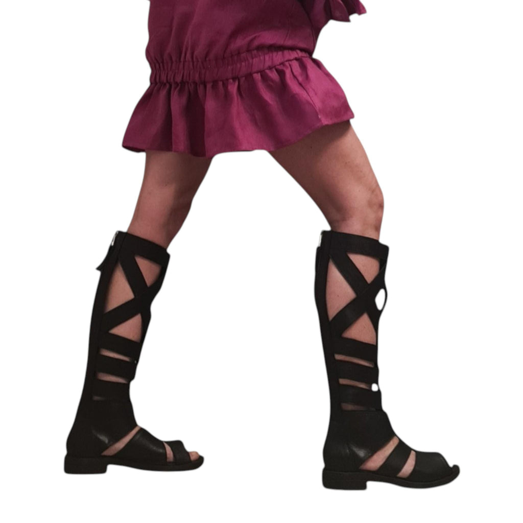 Gladiator Knee High Sandals Women, Black Leather Greek Boots, Open Toe Strappy Flat Shoes
