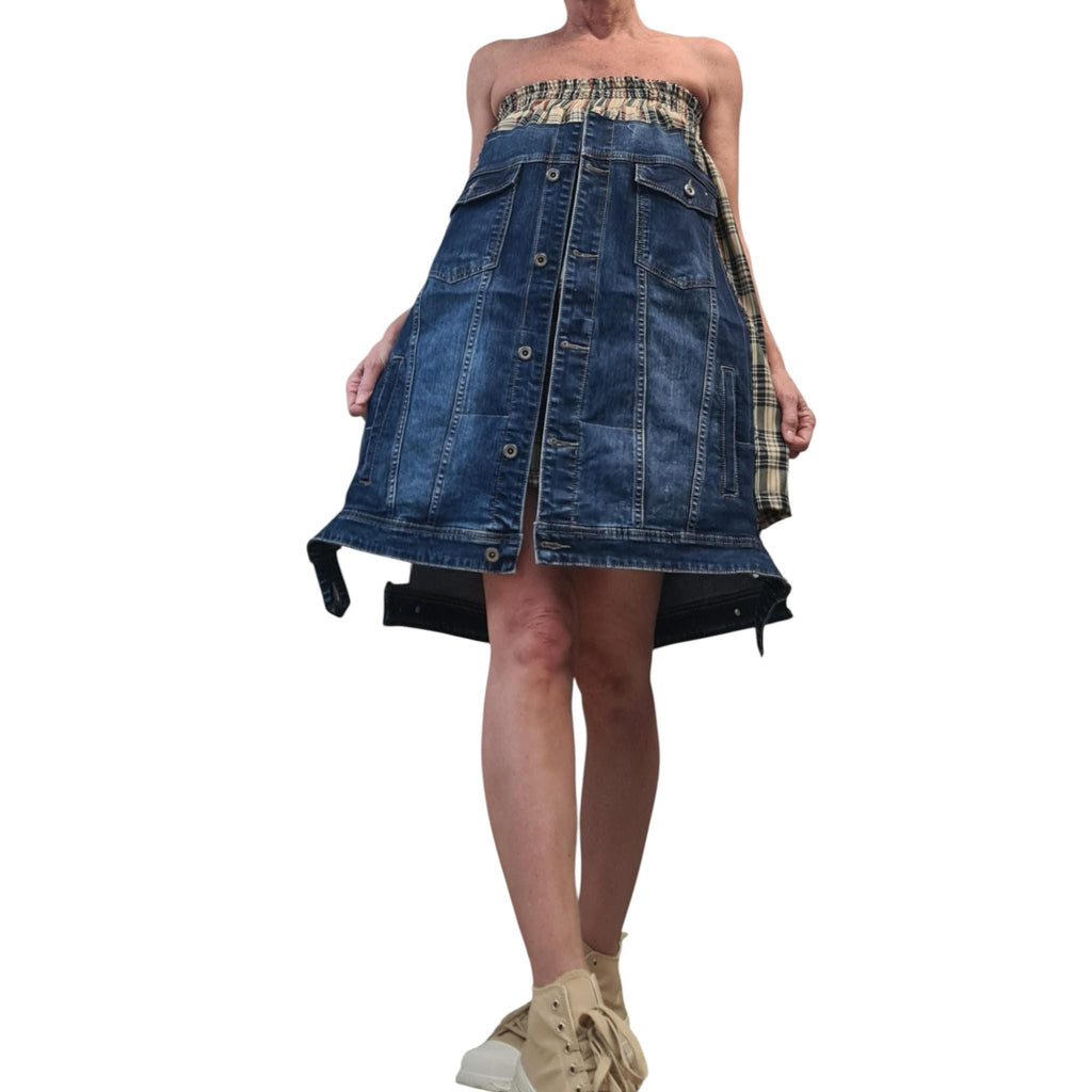 Avant Garde Denim and Plaid Midi Skirt with Cargo Style Pockets, Artistic Designer Streetwear, Handmade Custom Made Statement Fashion