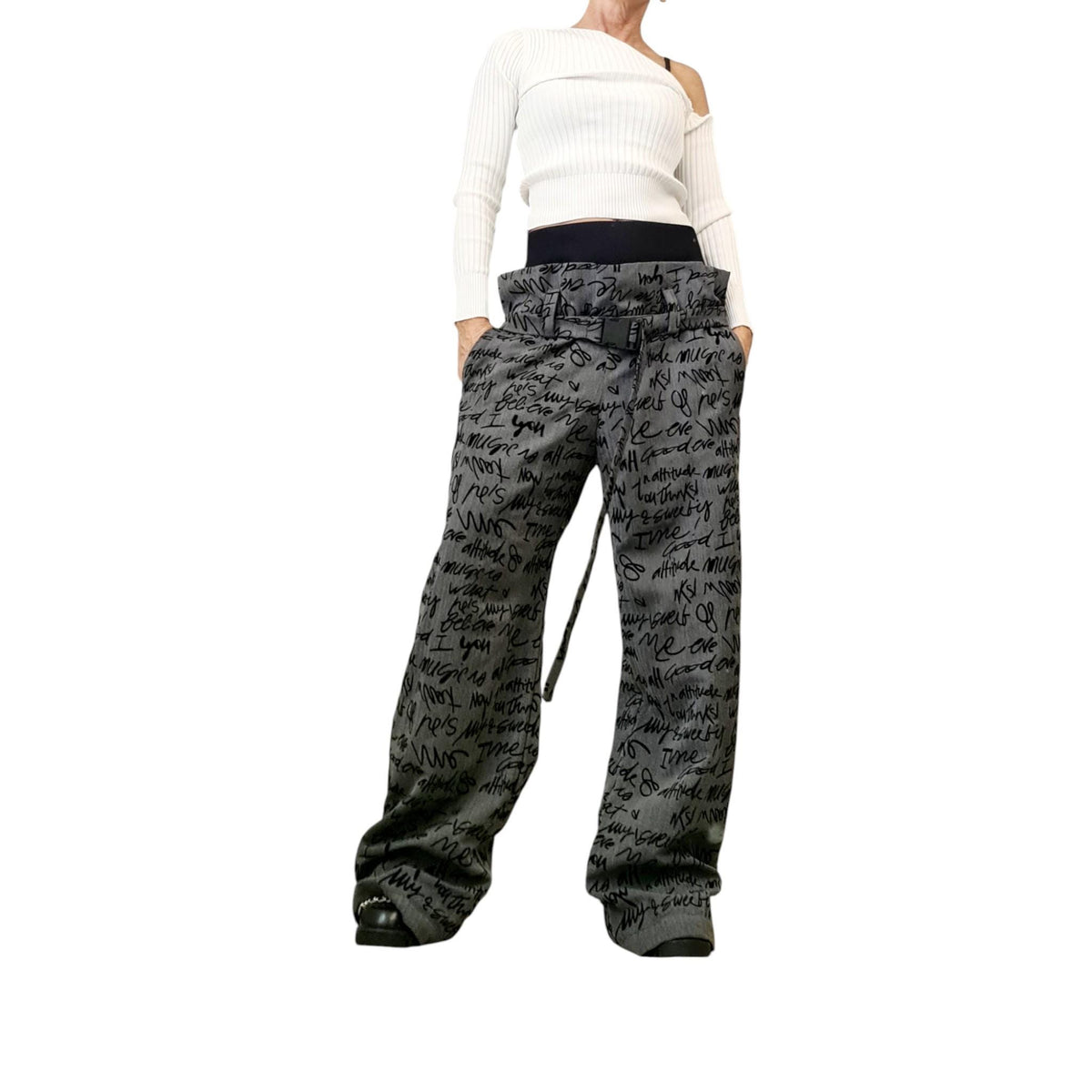 Double Waistband Graffiti Pants, Wide Leg, Drop Crotch Trousers