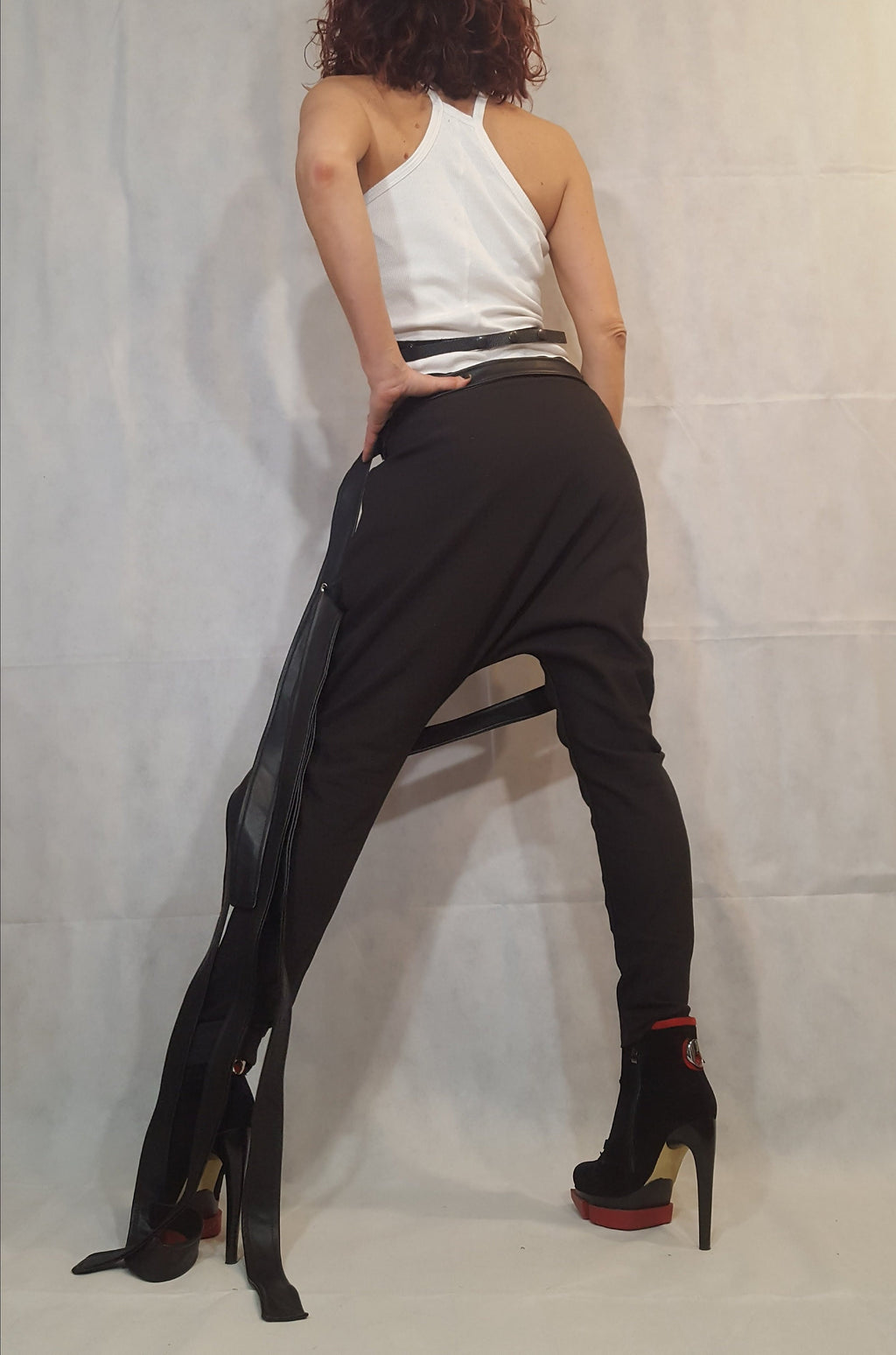 Black Drop Crotch Pants, Leather Belt Straps, Buckle Details, Slim Leg