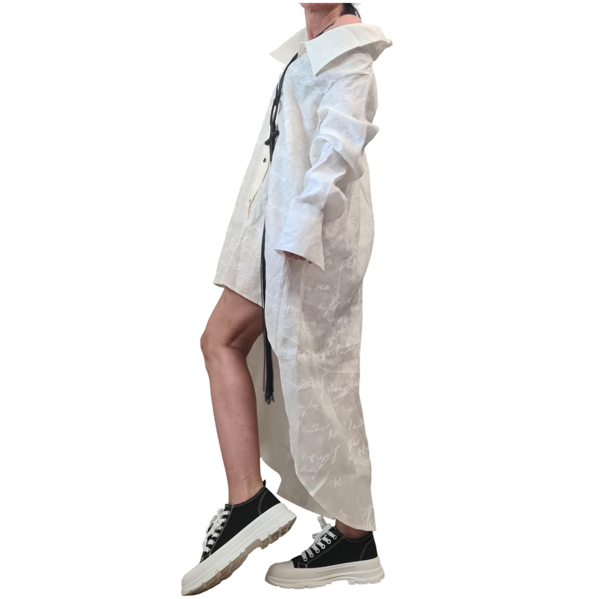 White Linen Shirt Dress for Women, Beach Tunic with Long Sleeves, High Low Shirt