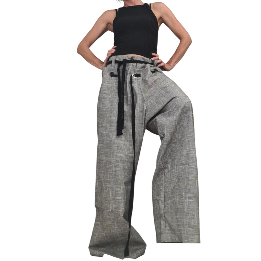 Grey Convertible Linen Pants for Women, 2 in 1 Avant Garde Wide Leg Trousers
