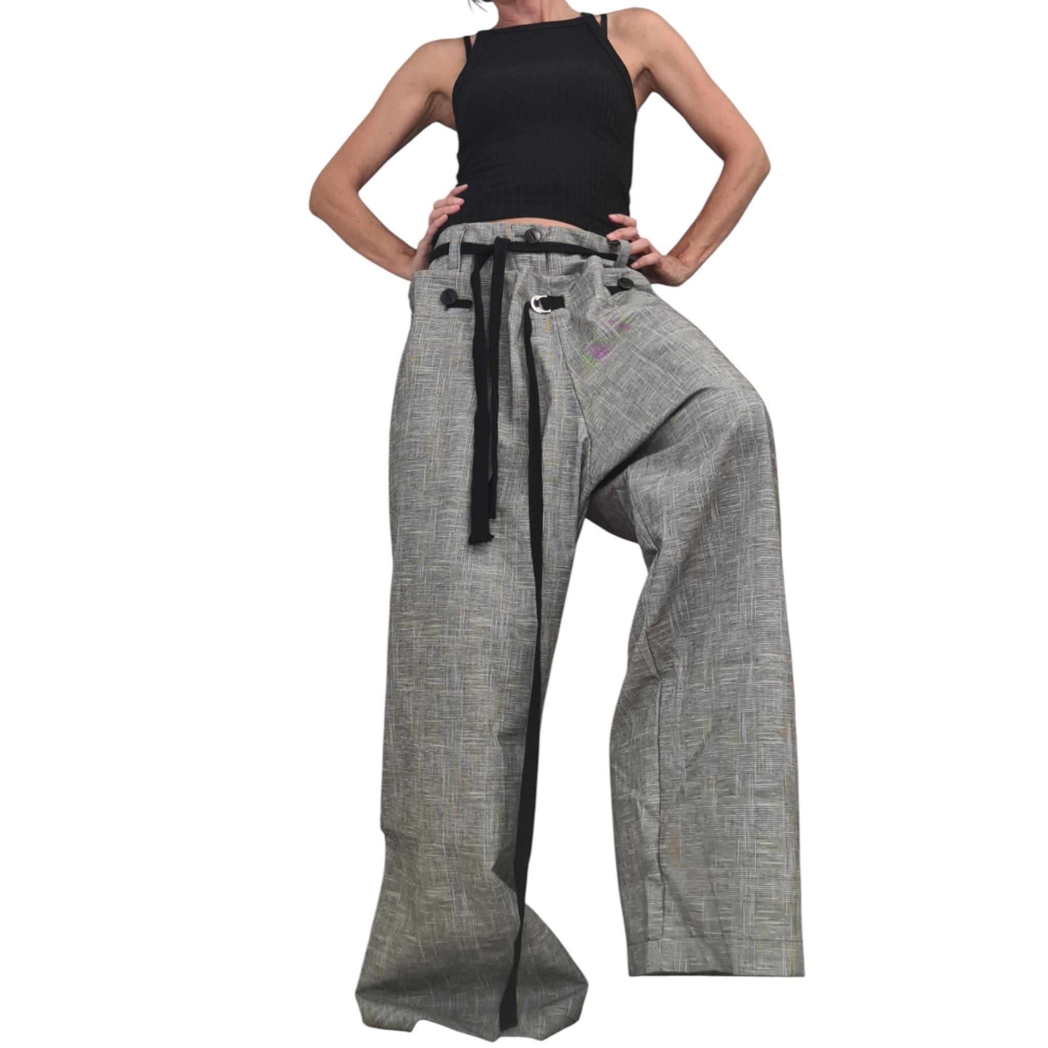 Grey Convertible Linen Pants for Women, 2 in 1 Avant Garde Wide Leg Trousers