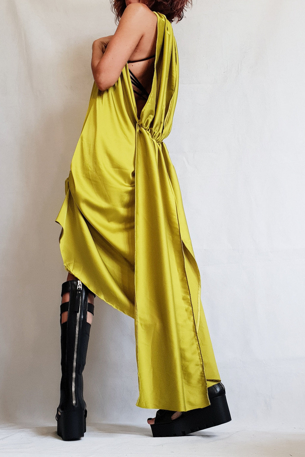 Mustard Satin Asymmetric Tunic, Open Back Mini Dress, Fitted Silhouette, Avant Garde Clothing