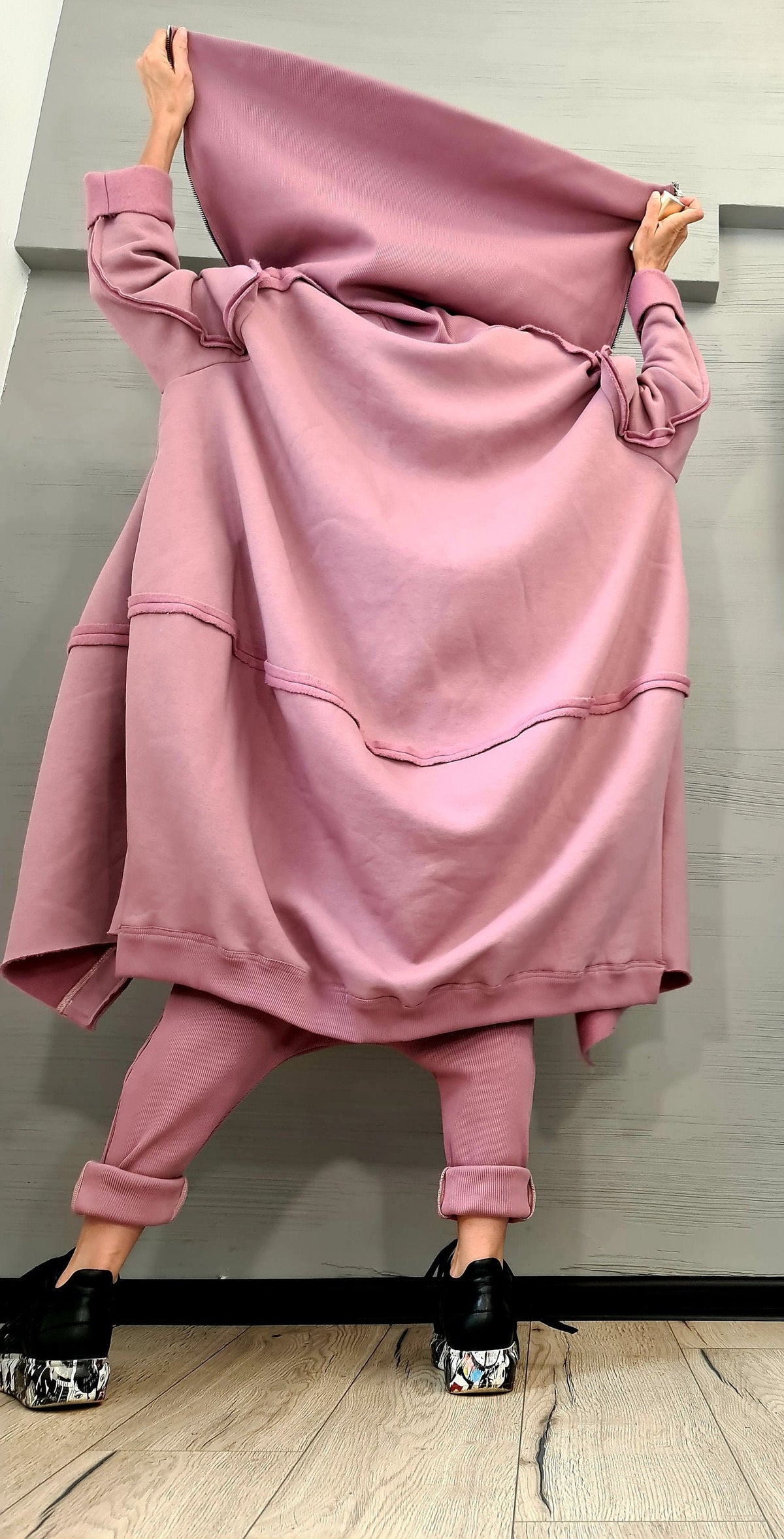 Pink Oversized Zip Up Hoodie, Long Sweatshirt with Extra Large High Collar, Plus Size