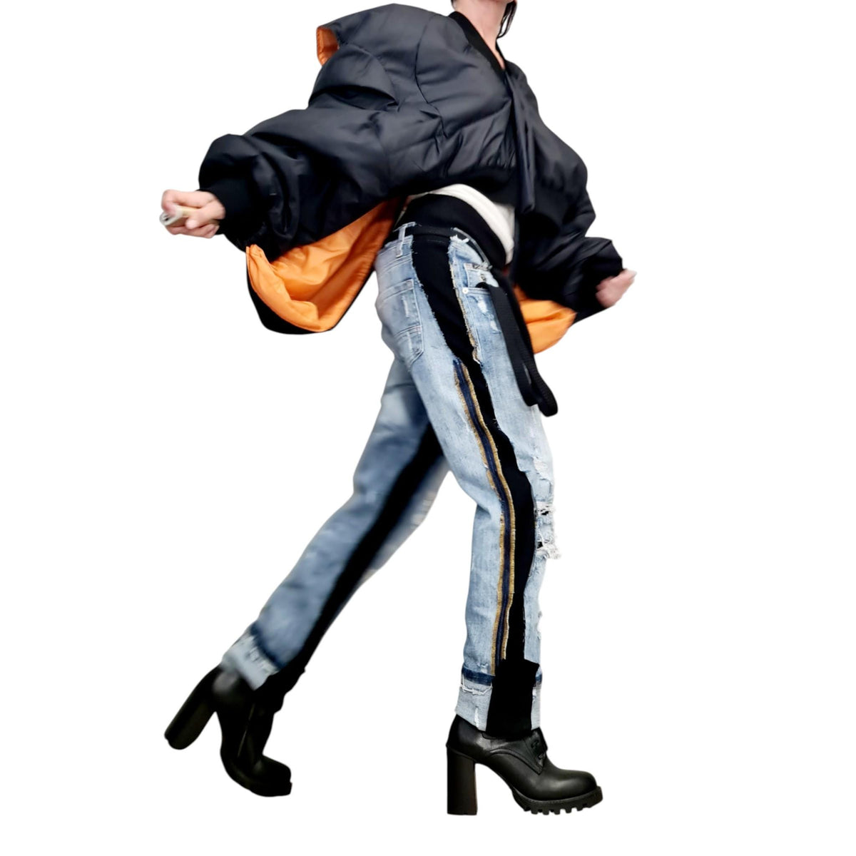 Black and Orange Convertible Puffer Jacket, Zip-Off Sleeves, Quilted Vest Option, Plus Size