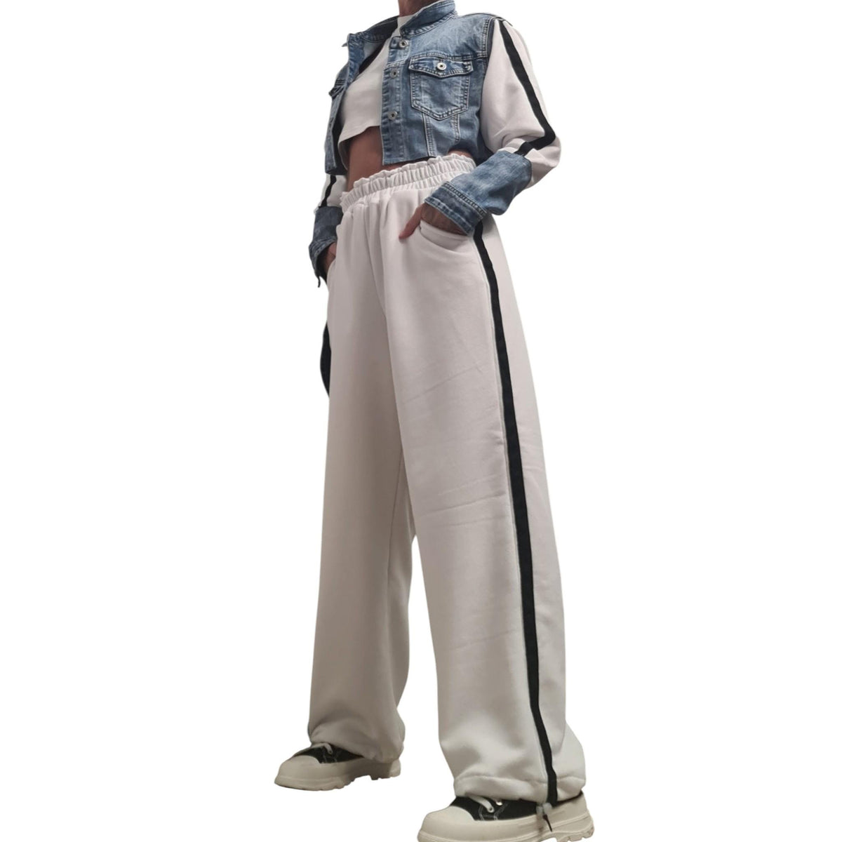 Cotton Denim Jacket and Harem Pants Set, Asymmetrical Design