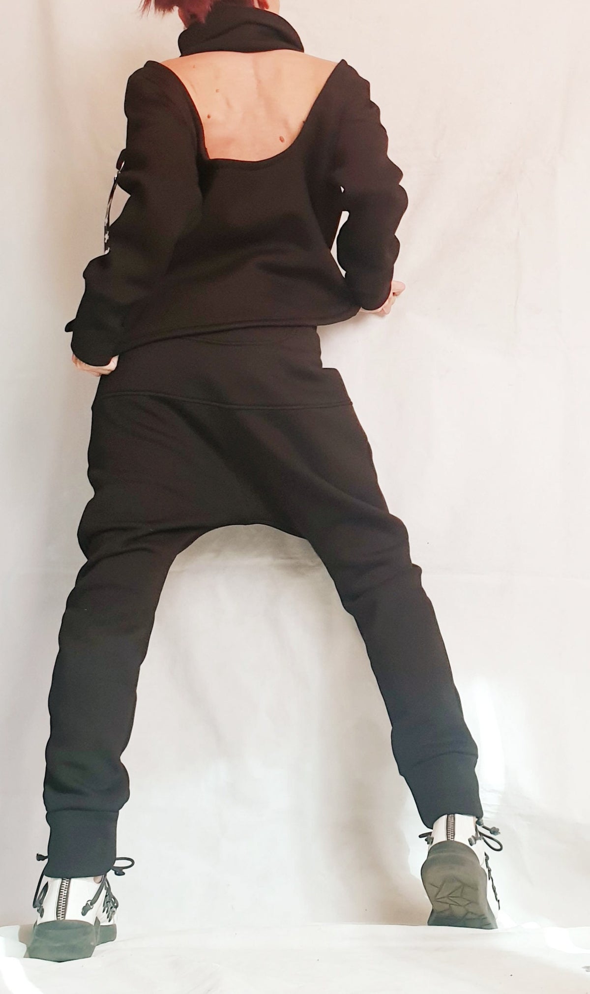 Black Cotton Tapered Drop Crotch Harem Pants, Open Back Blouse, Two Piece Co-Ord Set