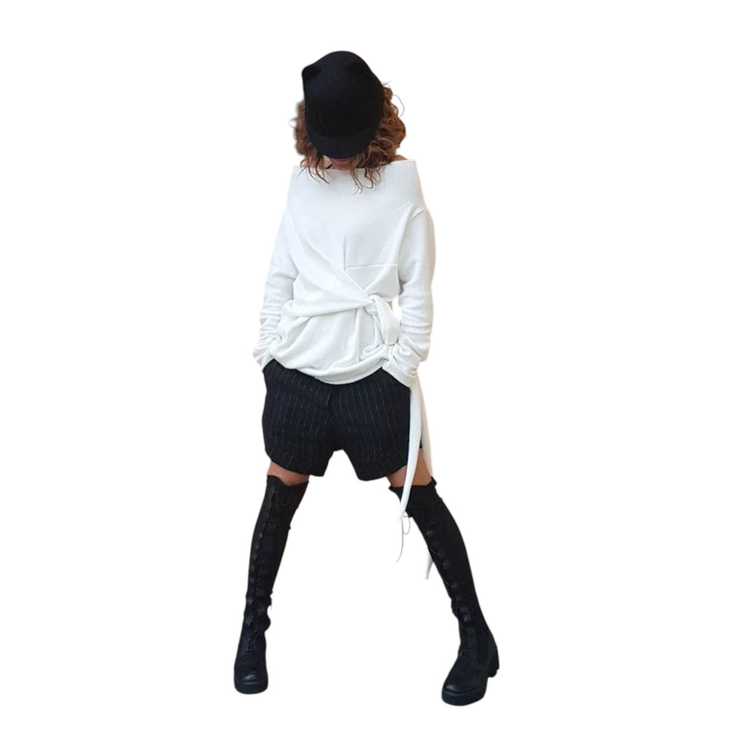 White Knitted Fitted Top, Avant Garde Blouse, Extravagant Design Women