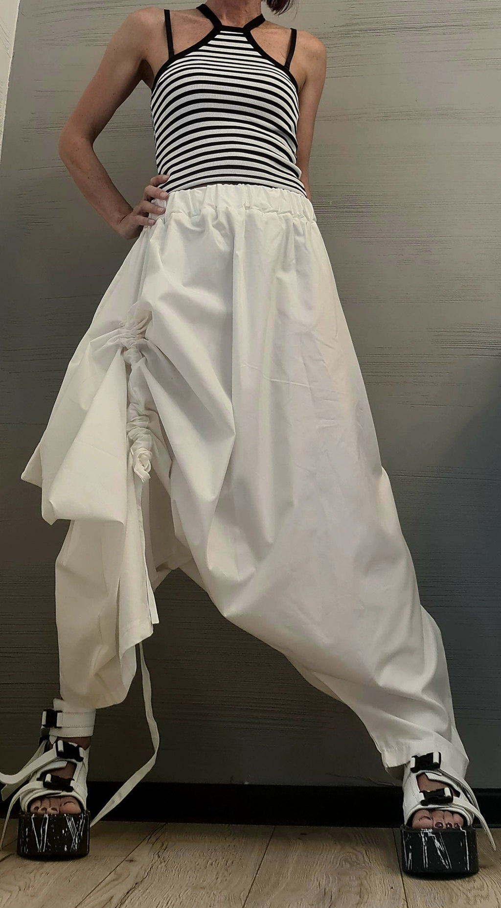 Royal Blue Cotton Harem Skirt Pants, Deep Drop Crotch, Oversized Shirt Co-Ord Set