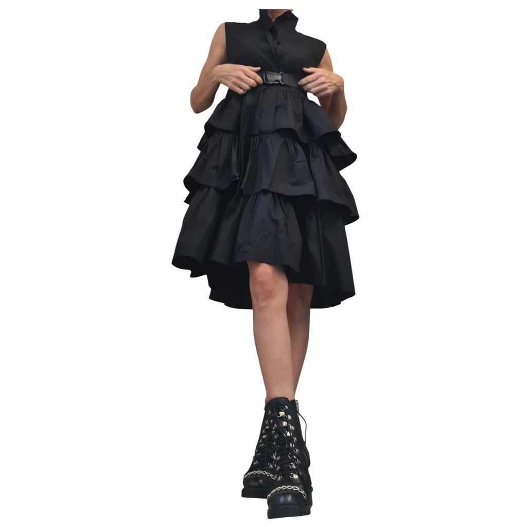 Black Gothic Midi Cotton Tunic, Flounce Party Dress Women
