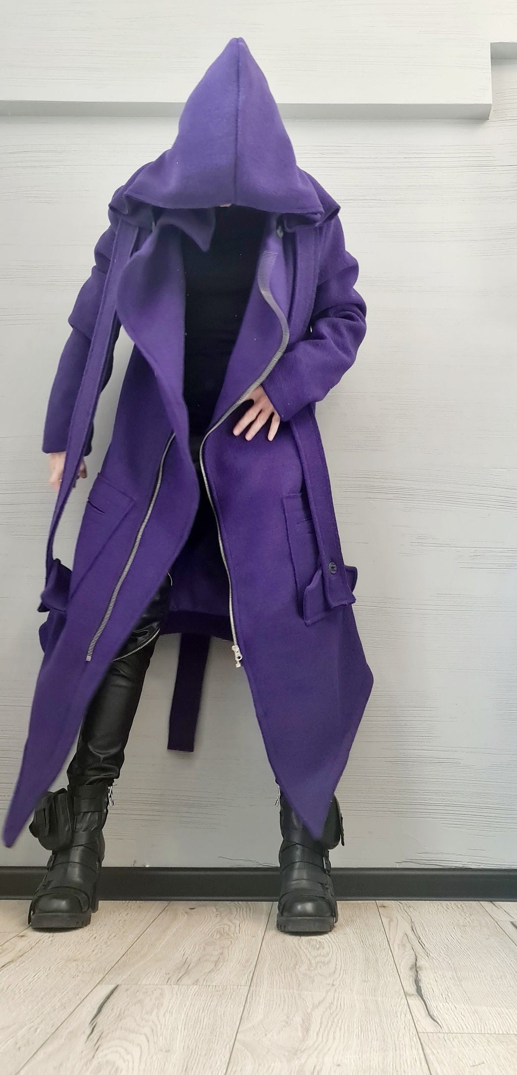 Purple Asymmetric Wool Coat, Long Hooded Jacket with Oversized Patch Pockets, Plus Size