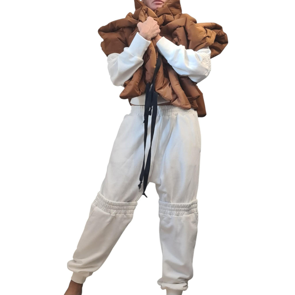 Brown Asymmetric Cropped Puffer Vest, Quilted Sleeveless Jacket with Folded Panels, Plus Size
