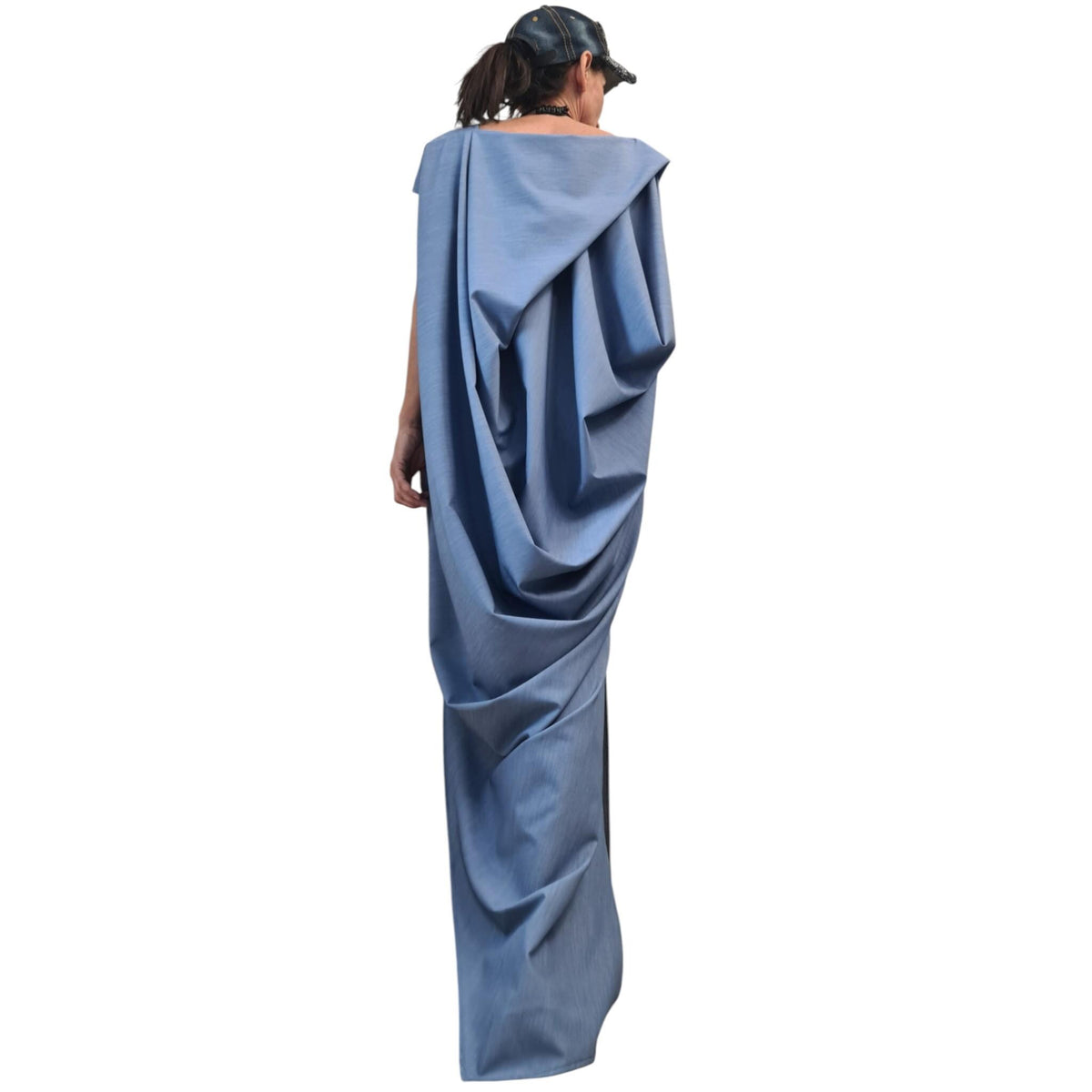 Denim Avant Garde Long Dress, One Shoulder Drape Silhouette, Plus Size kaftan