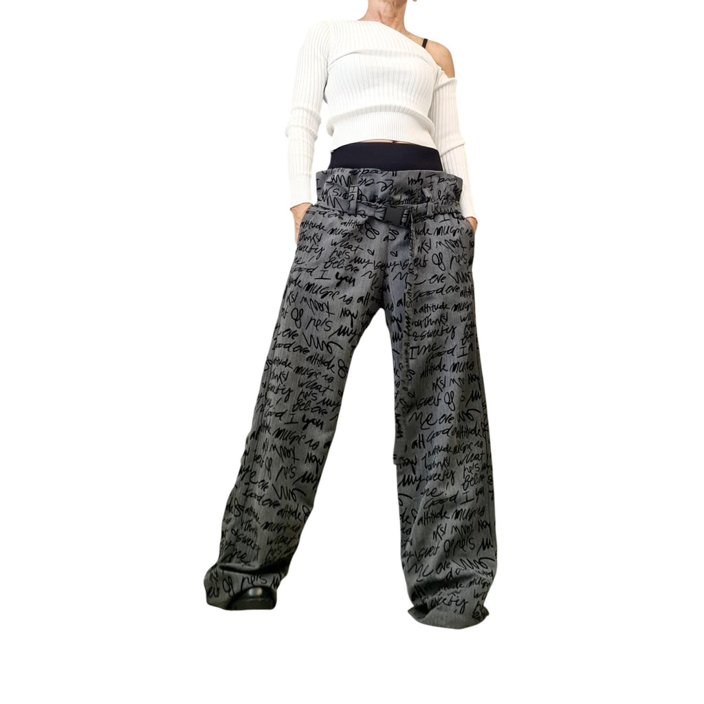 Double Waistband Graffiti Pants, Wide Leg, Drop Crotch Trousers