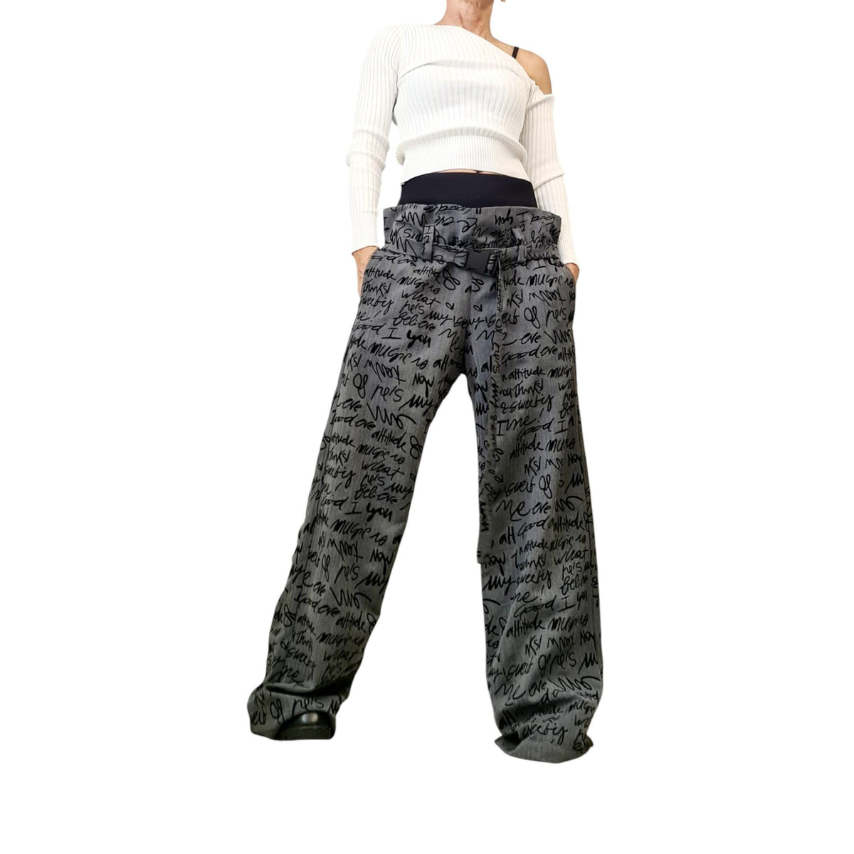 Double Waistband Graffiti Pants, Wide Leg, Drop Crotch Trousers