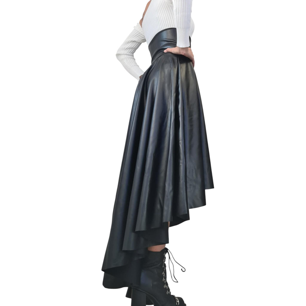Eco Leather High Waist Asymmetric Skirt, Extravagant Black Gothic Skirt