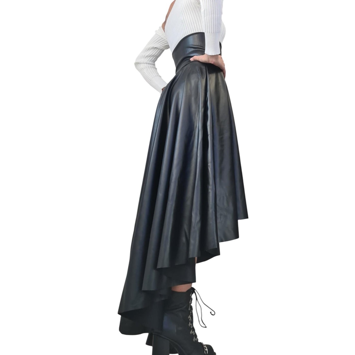 Eco Leather High Waist Asymmetric Skirt, Extravagant Black Gothic Skirt