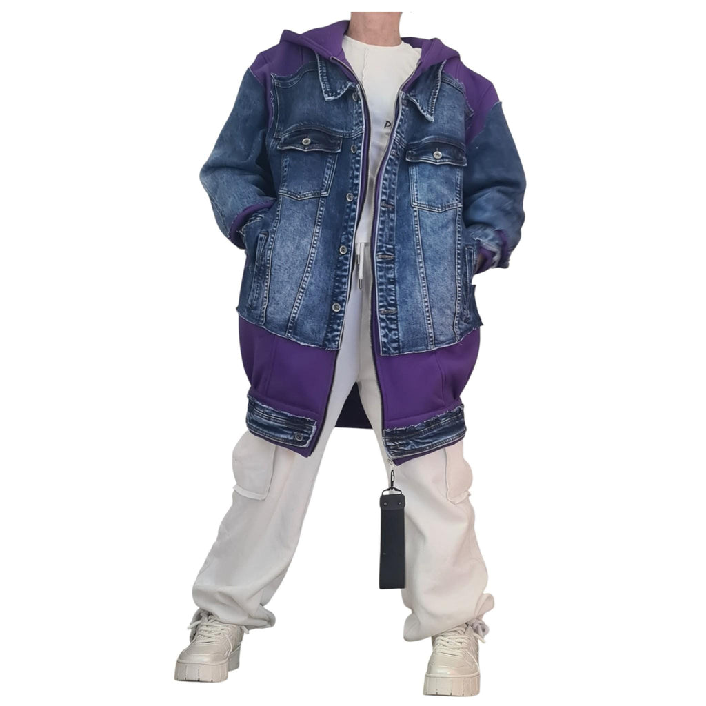 Purple Avant Garde Denim Hoodie, Oversized Cotton Sweatshirt, Designer Streetwear for Women