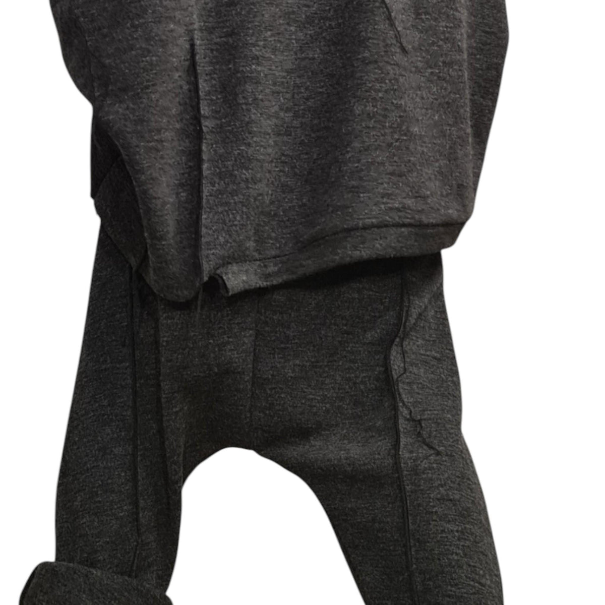 Knit Drop Crotch Harem Pants, Exposed Outer Seams, Asymmetrical Blouse, Two-Piece Co-Ord Set