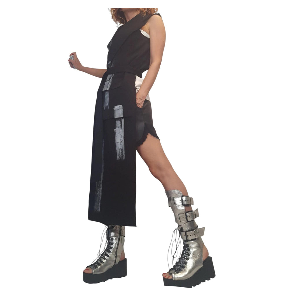 Black Denim Gothic Vest, Sleeveless Asymmetric Long Short Vest, Designer Silver Paint