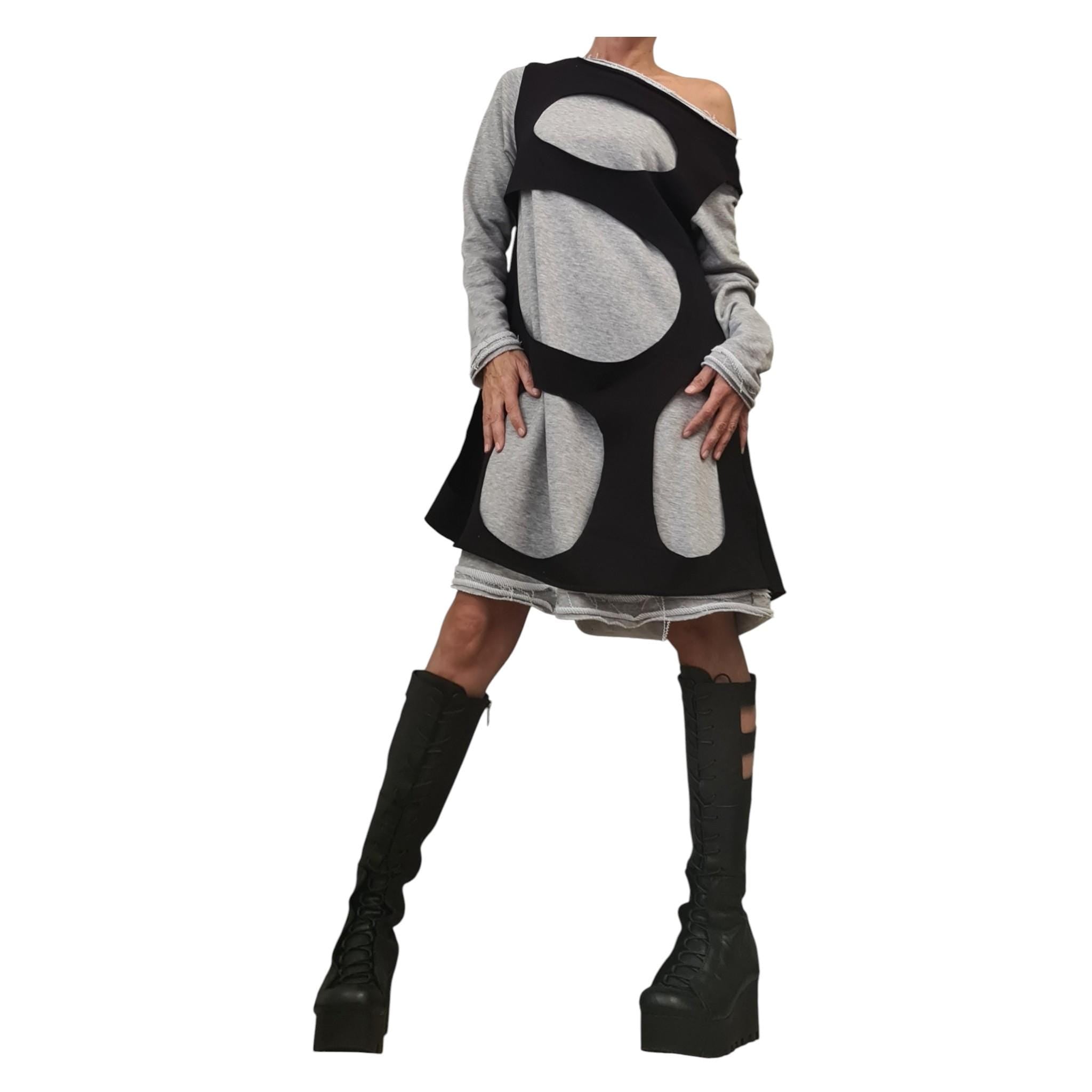 Two-Part Asymmetric Cotton Dress, Loose Fit, Long Sleeve, Extravagant Style