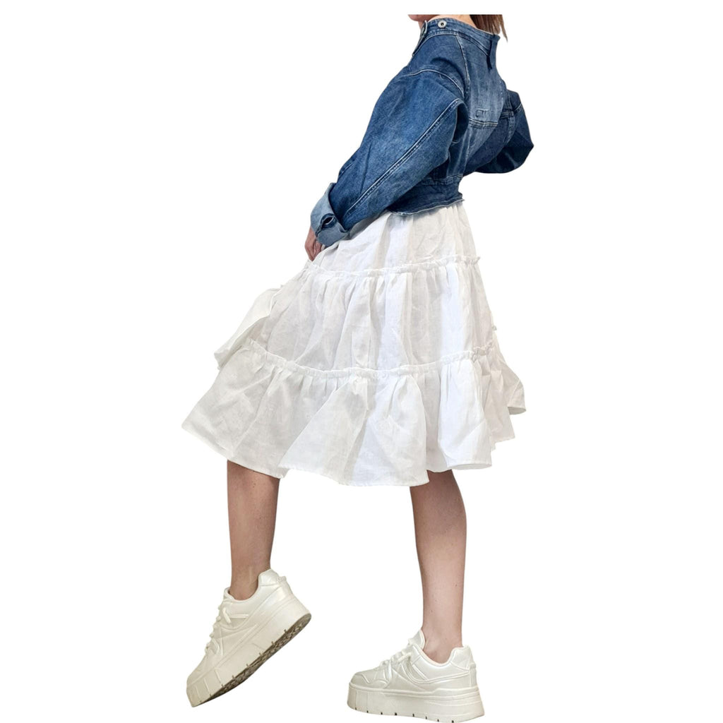 White Linen Dress with Denim Top, Off Shoulder Asymmetric Ruffle Dress