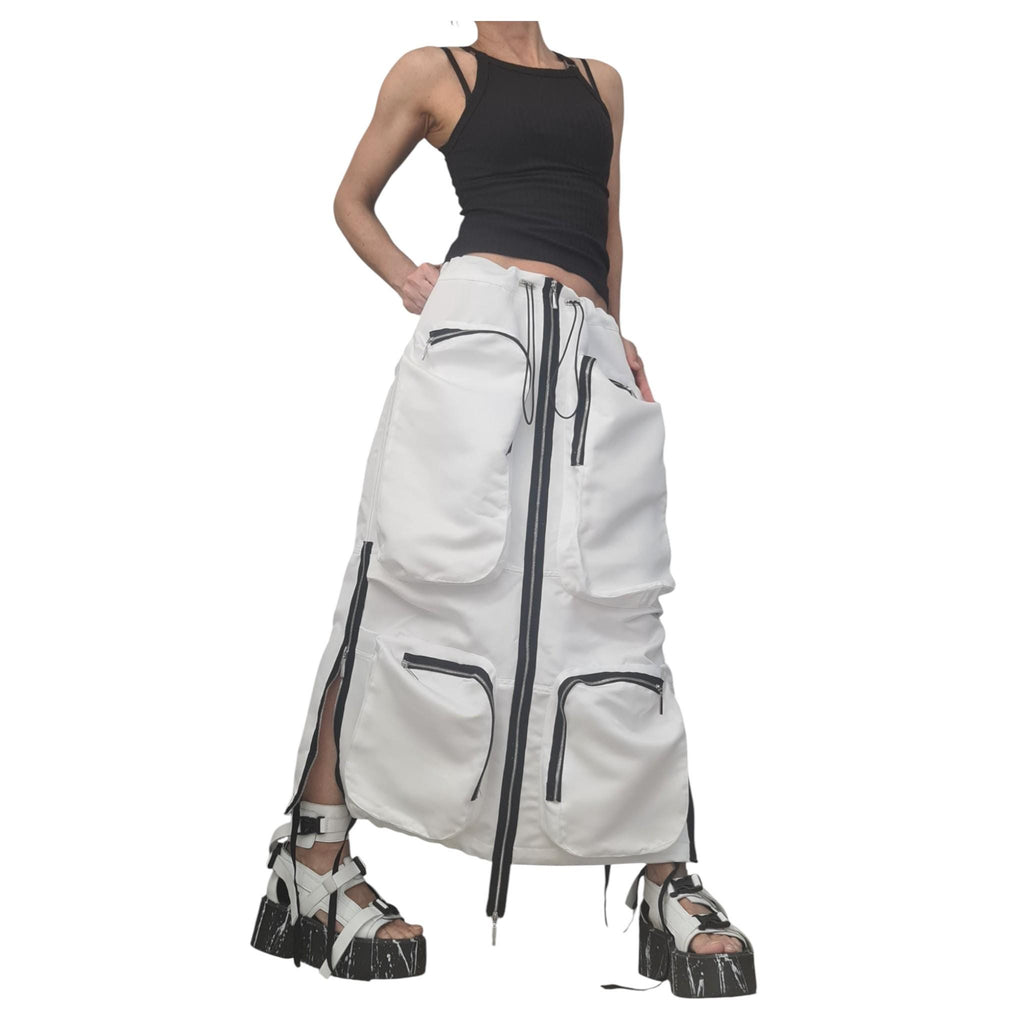 White Cotton Avant Garde Skirt, Deconstructed Maxi Skirt with Pockets