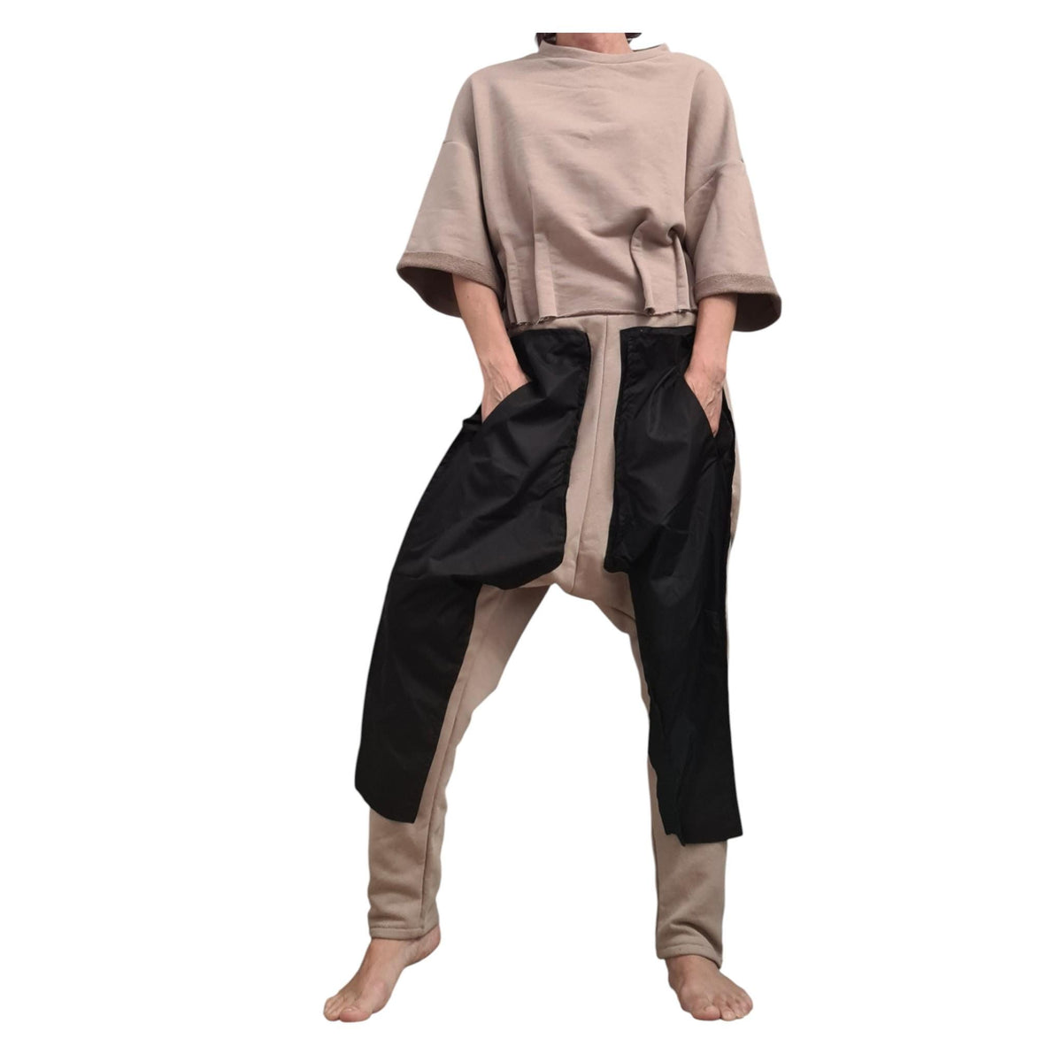 Extravagant Harem Pants, Cargo Trousers, Beige Black, Outer Pockets