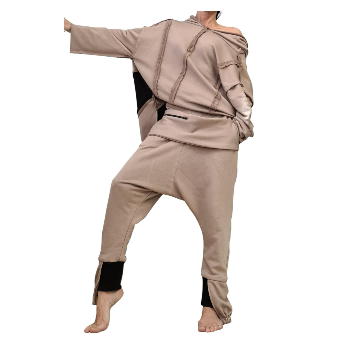 Beige Cotton Drop Crotch Harem Pants, Oversized Long Sleeve Hooded Top, Travel Co-Ord Set