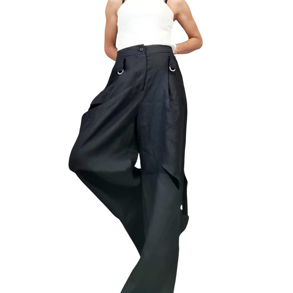 Brick Linen Wide Leg Pants, Adjustable Waist, Asymmetric Slit Avant Garde Trousers