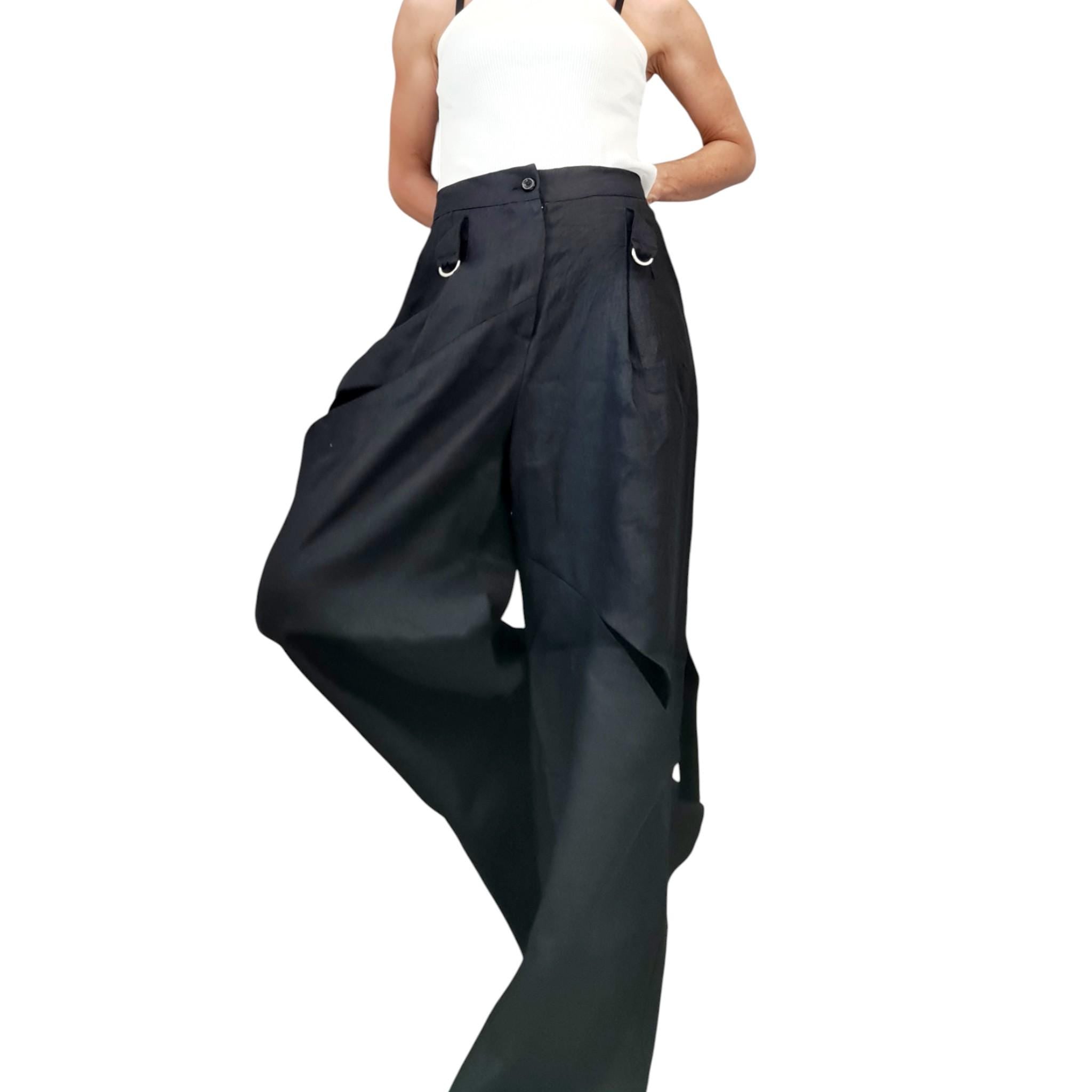 Brick Linen Wide Leg Pants, Adjustable Waist, Asymmetric Slit Avant Garde Trousers