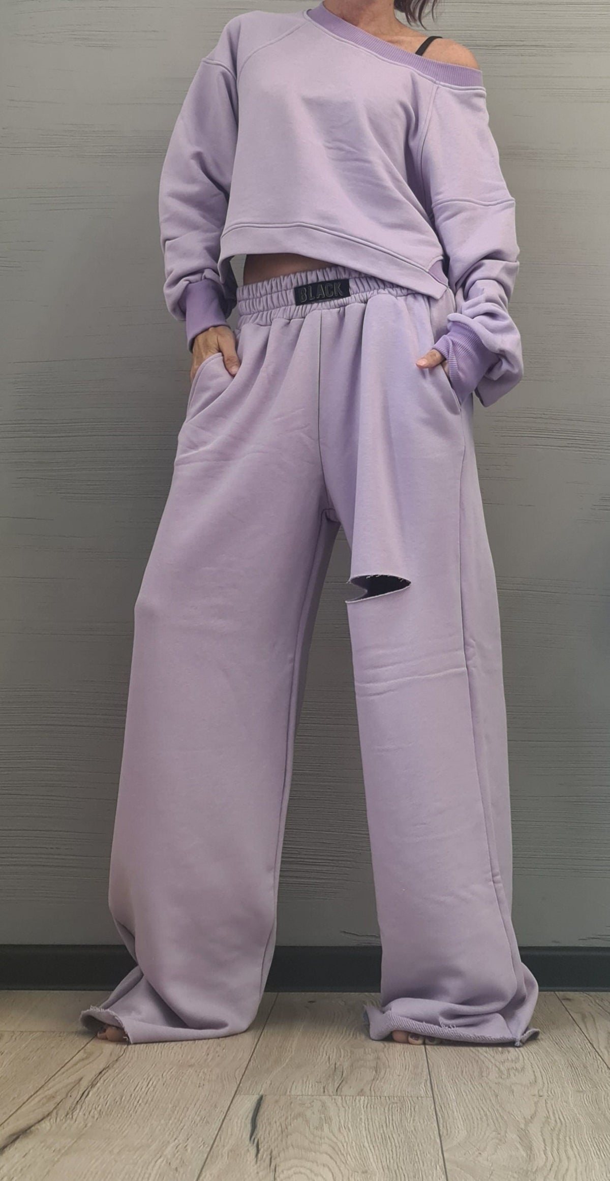 Lavender Cotton Wide Leg Pants, Knee Cutout,  Cropped Sweatshirt, Two-Piece Co-Ord Set