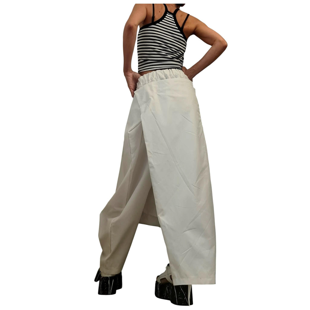 White Asymmetric Harem Pants Skirt, Adjustable Wrap, Drop Crotch Trousers