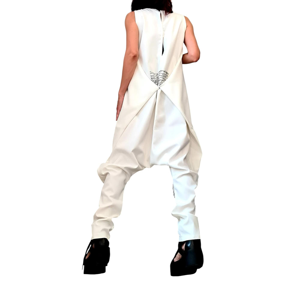 White Asymmetric Wide Leg Jumpsuit, Sleeveless Overall, Plus Size Clothing, Loose Fit Outfit