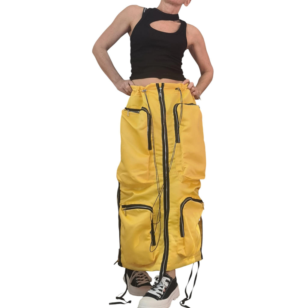 Yellow Cotton Satin Maxi Skirt With Cargo Pockets, Long Avant Garde Oversized Skirt