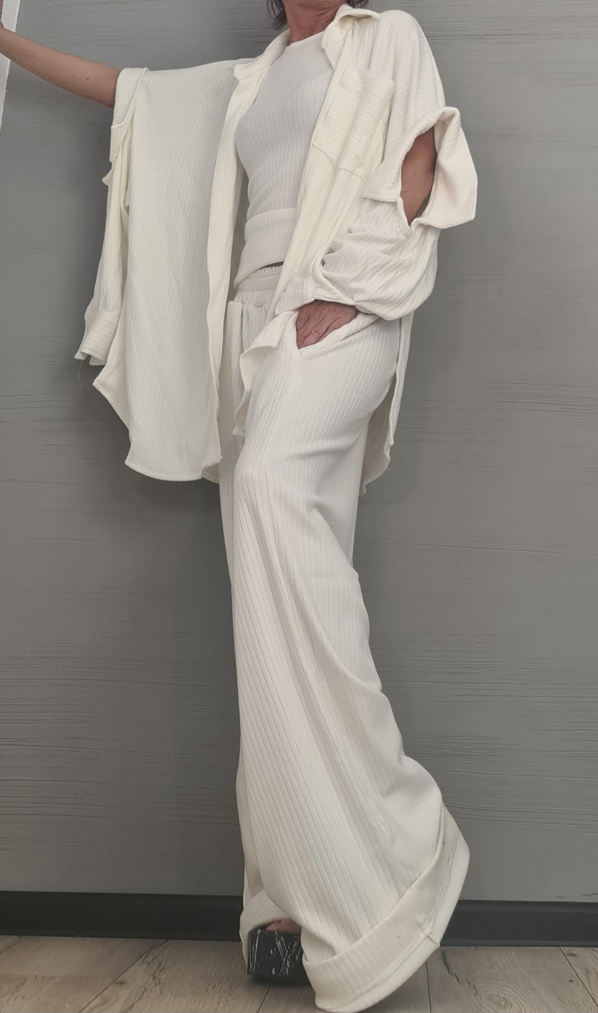 Ivory Cotton Wide Leg Pants, Sleeveless Top, Deconstructed Shirt, Three-Piece Co-Ord Set, Plus Size