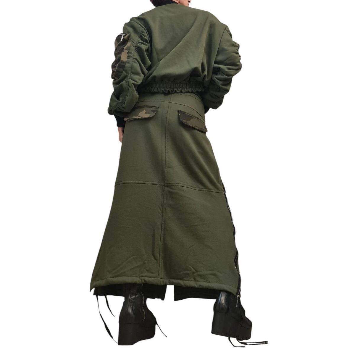 Olive Camo Cropped Bomber Jacket, Oversized Sleeves, Multiple Zip Pockets, Military Style, Plus Size